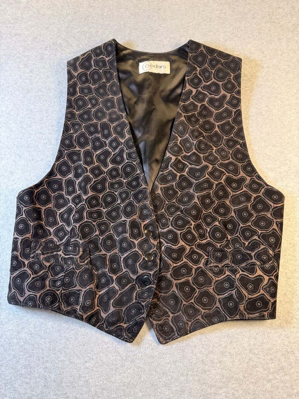 Cedars Vintage Black And Tan Geometric Abstract Pattern Velour Vest